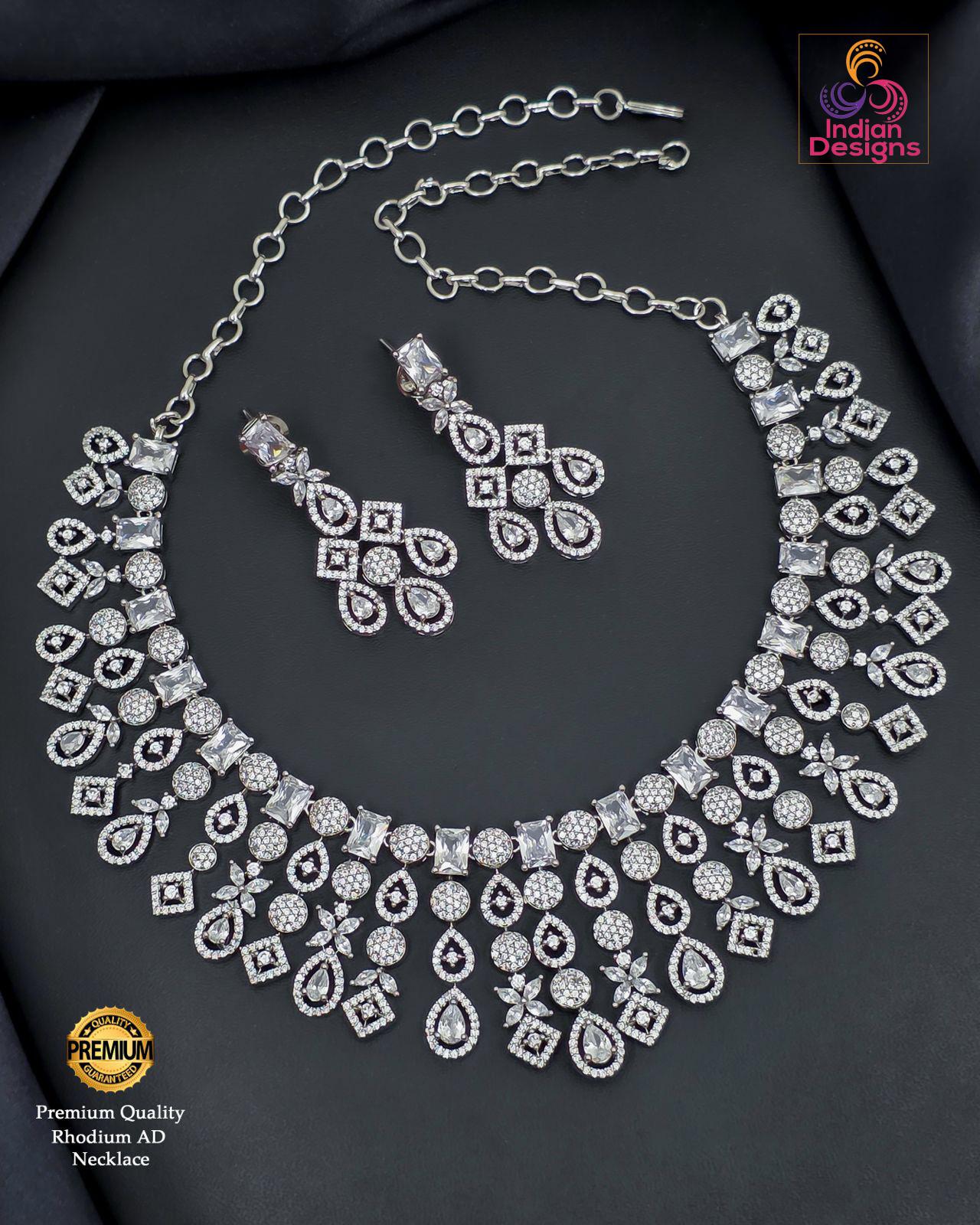 Grand Rhodium Plated Necklace Set| Intricate Diamond Look Choker| American Diamond Ethnic Bridal Jewelry| Silver Tone AD Party Wear Necklace