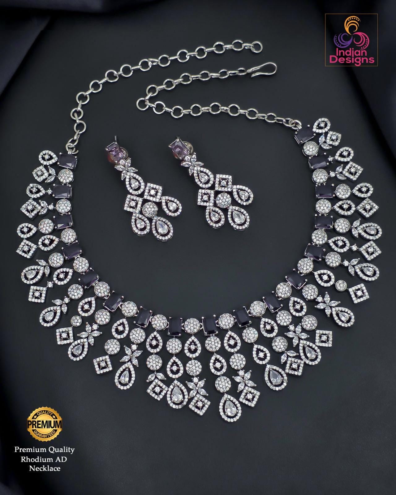 Grand Rhodium Plated Necklace Set| Intricate Diamond Look Choker| American Diamond Ethnic Bridal Jewelry| Silver Tone AD Party Wear Necklace