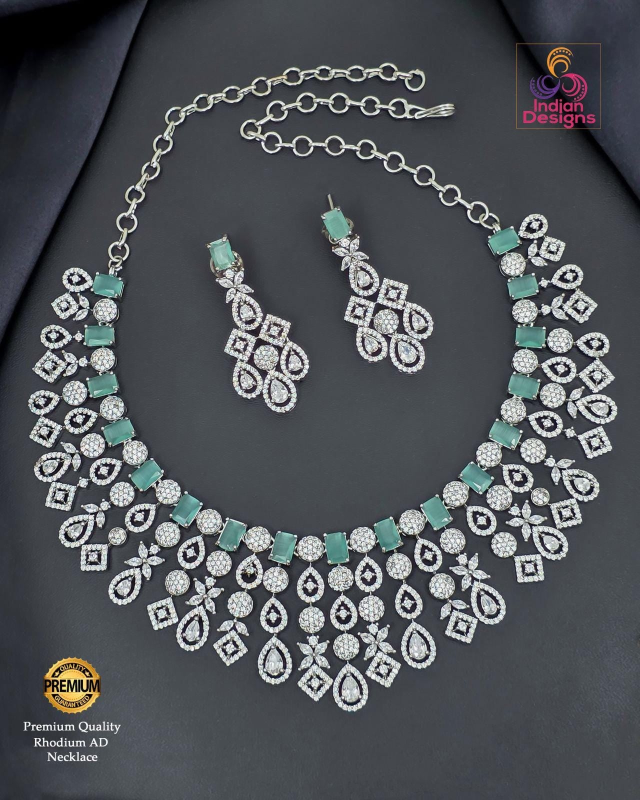 Grand Rhodium Plated Necklace Set| Intricate Diamond Look Choker| American Diamond Ethnic Bridal Jewelry| Silver Tone AD Party Wear Necklace