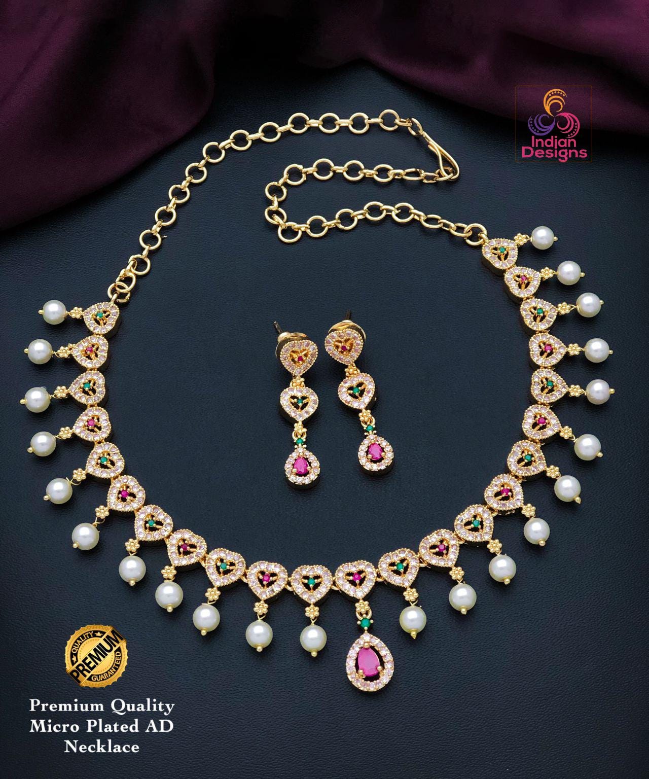 AD Stone Necklace Set with Earrings| 22K Gold Finish Jewelry | Ruby & Green Stone Bridal Party Wear NecklaceStatement Necklace| Gift for her