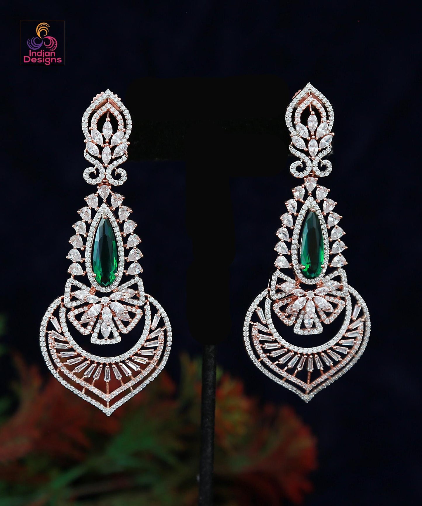 American Diamond Long Chandelier Earrings| Rose Gold Plated| Emerald/Pink/Red/Mint Drop Statement Bridal Party Wear Earrings| Gift for Her