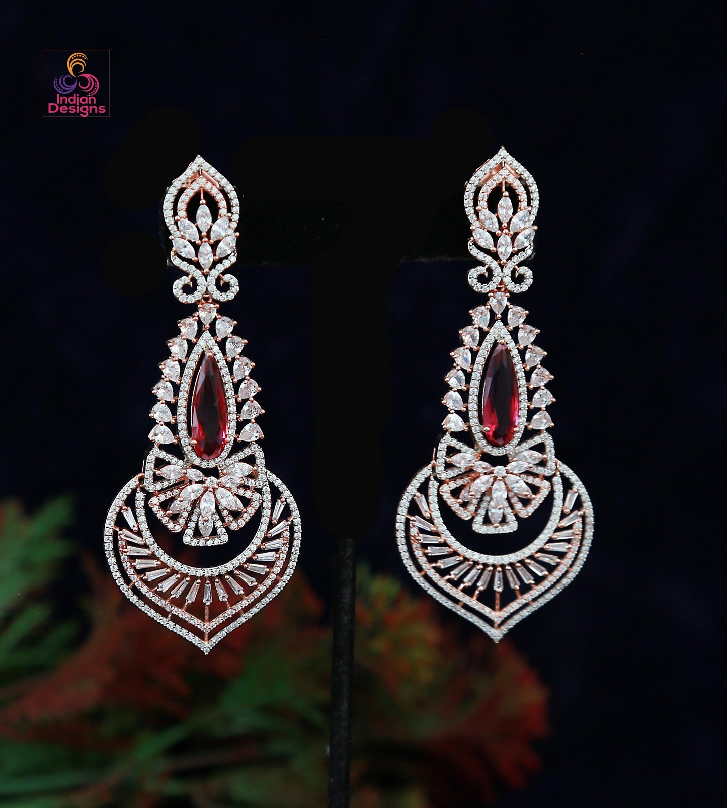 American Diamond Long Chandelier Earrings| Rose Gold Plated| Emerald/Pink/Red/Mint Drop Statement Bridal Party Wear Earrings| Gift for Her