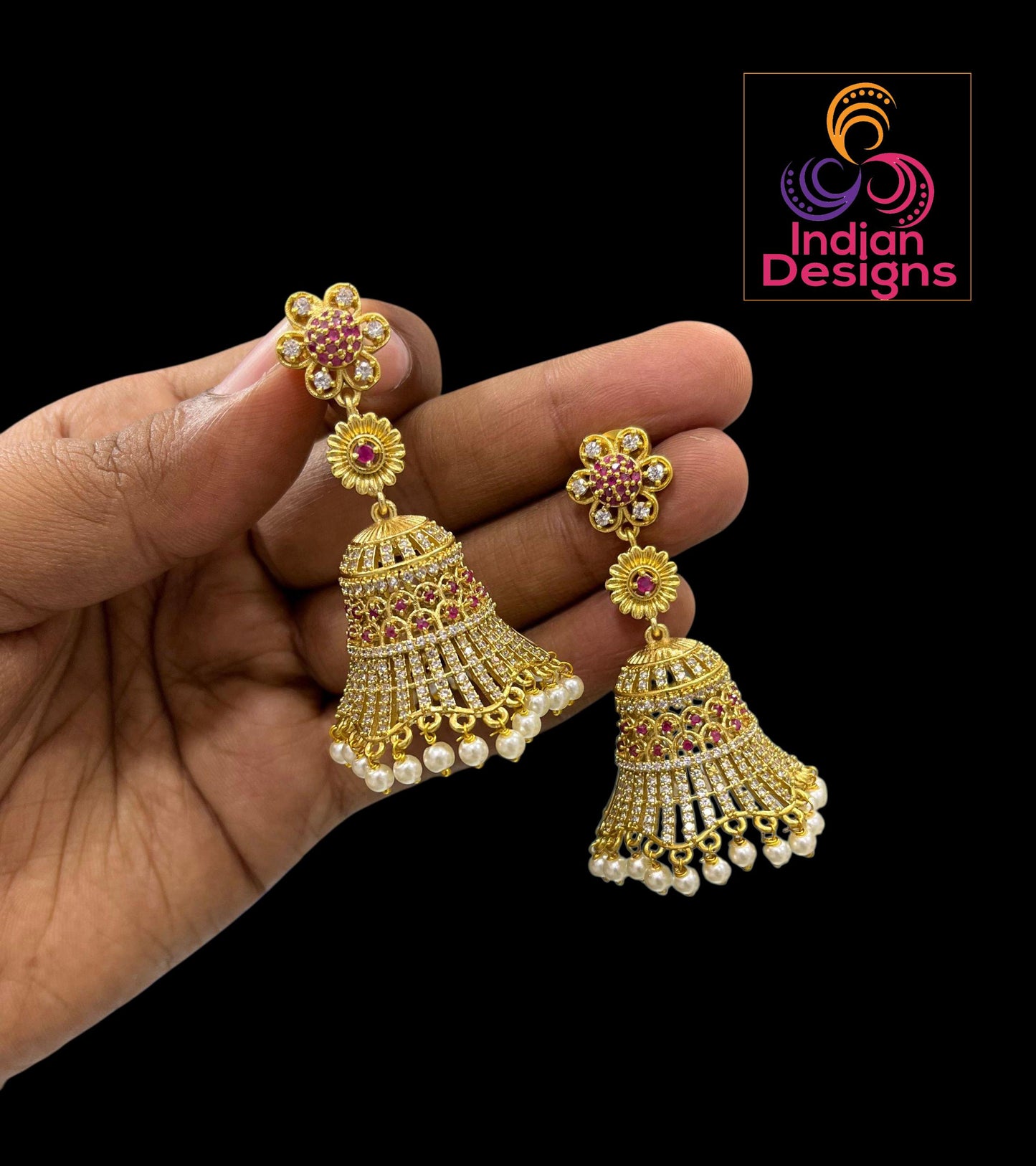 Indian Jhumka Earrings| Gold Plated AD Stone & Ruby Traditional Jhumki with Pearl Drops| Matte gold finish Jhumka| Statement Earrings Gift