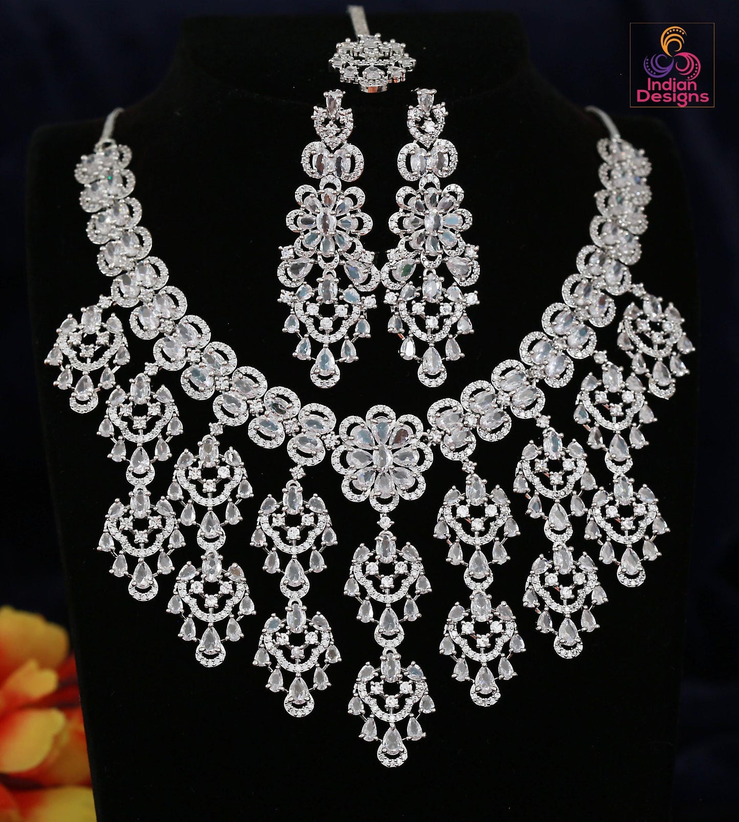 Grand Bridal & Wedding Statement Jewelry| AD Stone Choker Necklace| Multi Stone Diamond Replica Cocktail Jewelry| Modern Indian Wedding Set