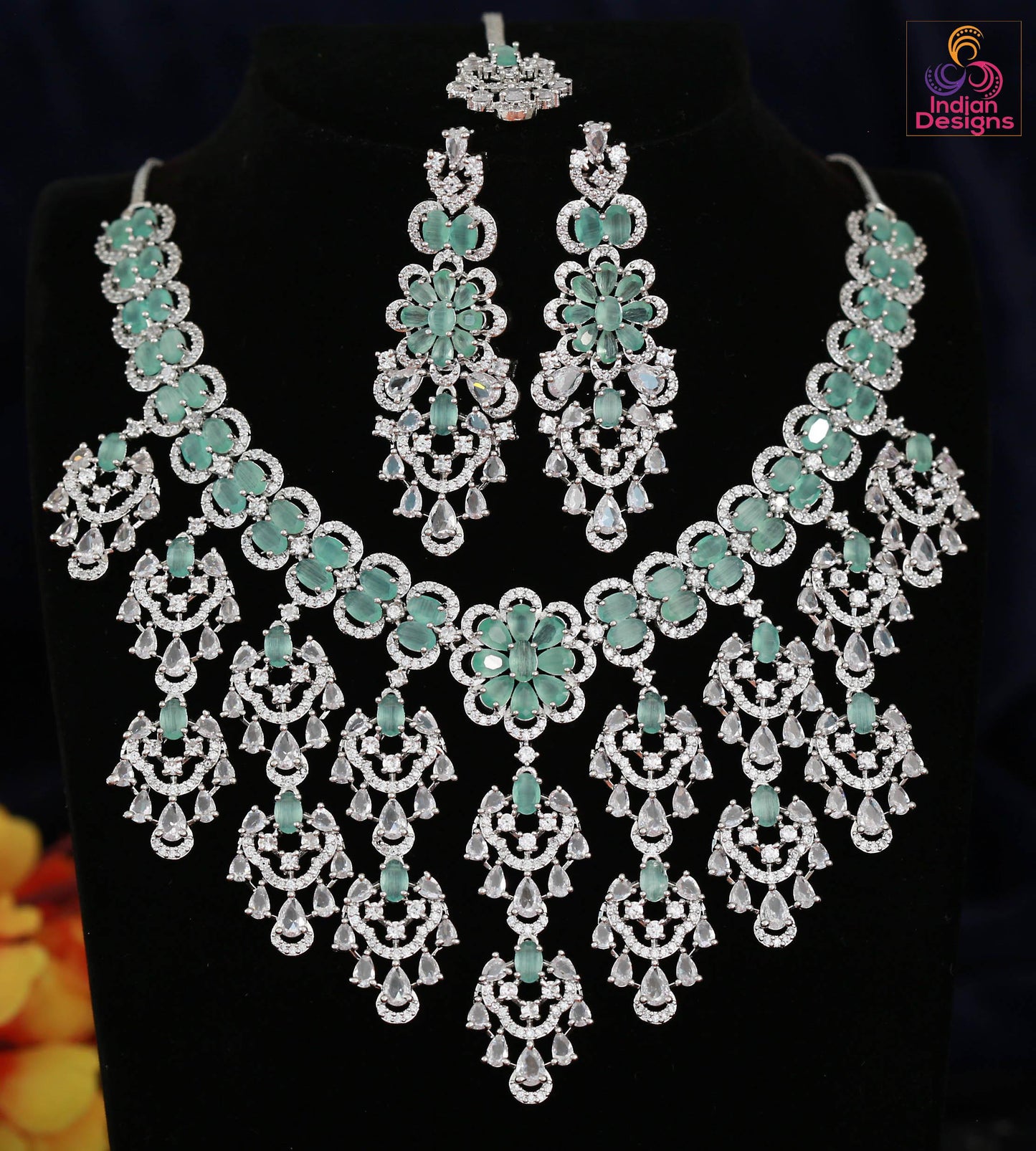 Wedding Choker Necklace Set with Earrings & Maang tikka| Pink Stone CZ Bridal Jewelry| American Diamond Statement Necklace| Party wear set