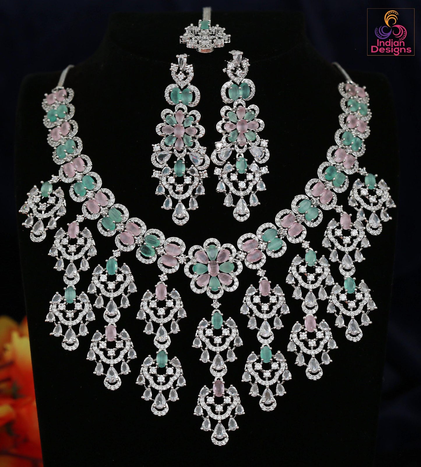 Wedding Choker Necklace Set with Earrings & Maang tikka| Pink Stone CZ Bridal Jewelry| American Diamond Statement Necklace| Party wear set