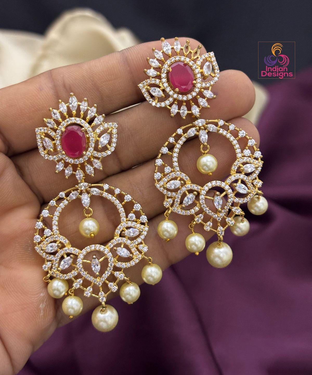 Gold Plated Jhumka Earrings: Ruby & Green CZ, Pearl Drops