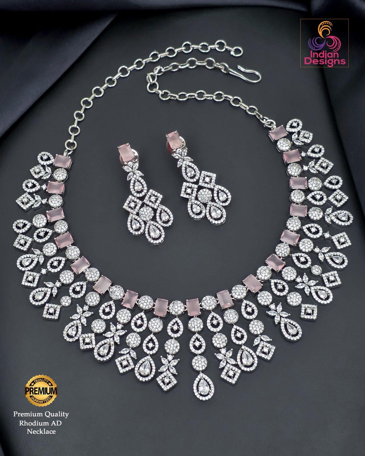 Grand Rhodium Plated Necklace Set| Intricate Diamond Look Choker| American Diamond Ethnic Bridal Jewelry| Silver Tone AD Party Wear Necklace