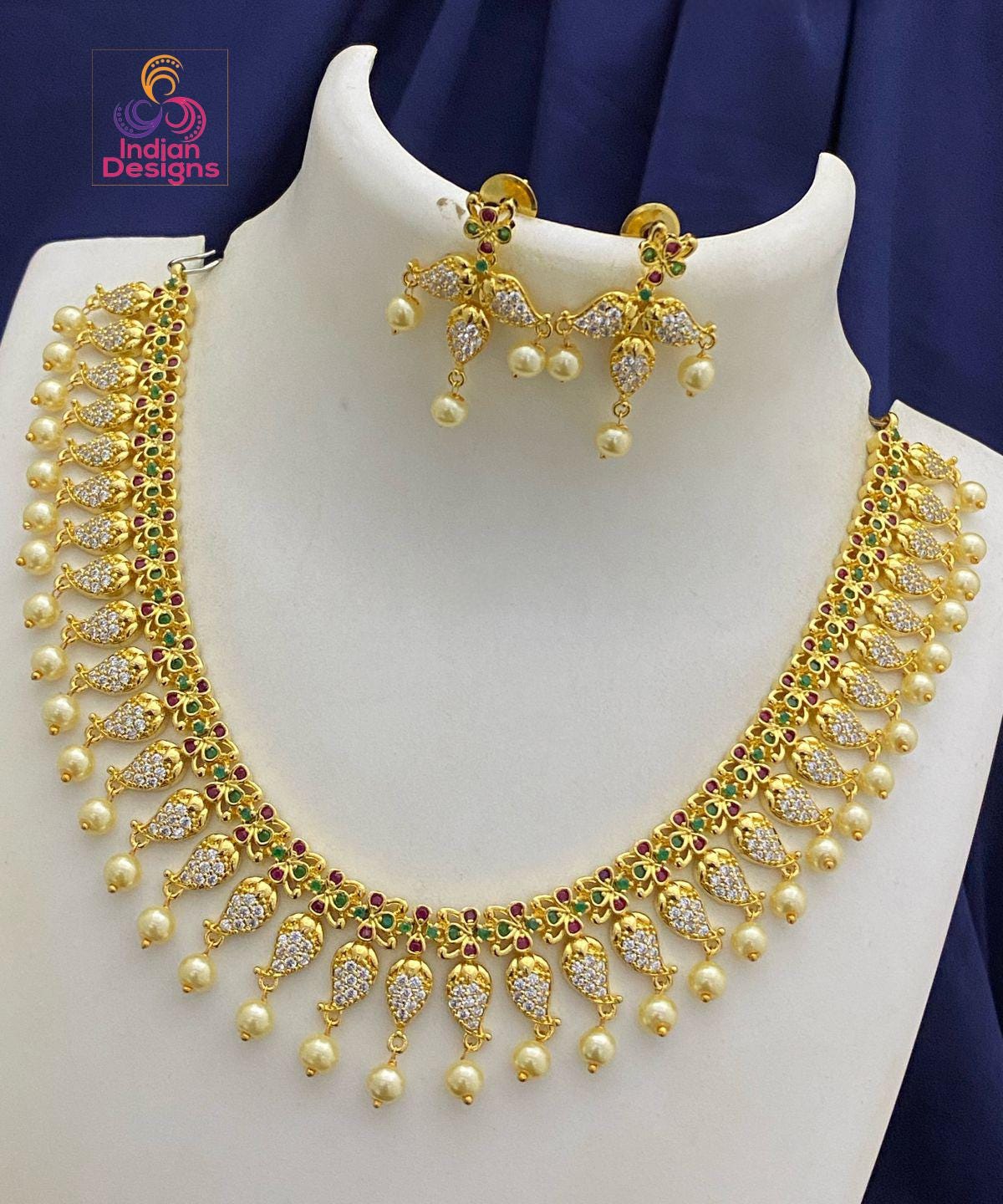 South Indian Temple Choker Necklace Set with Earrings| Gold Plated Ruby Green Pearl Bridal Jewelry| Traditional Wedding Jewelry|Gift for her