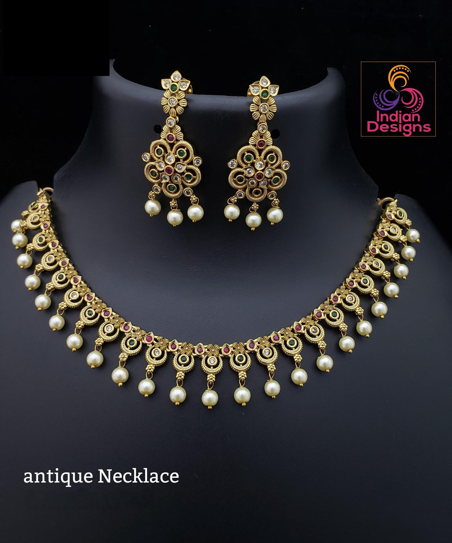 Traditional Antique Gold Necklace with Earrings | Matte Finish Temple Jewelry | South Indian Bridal & Festival Jewelry Set| Gift for her