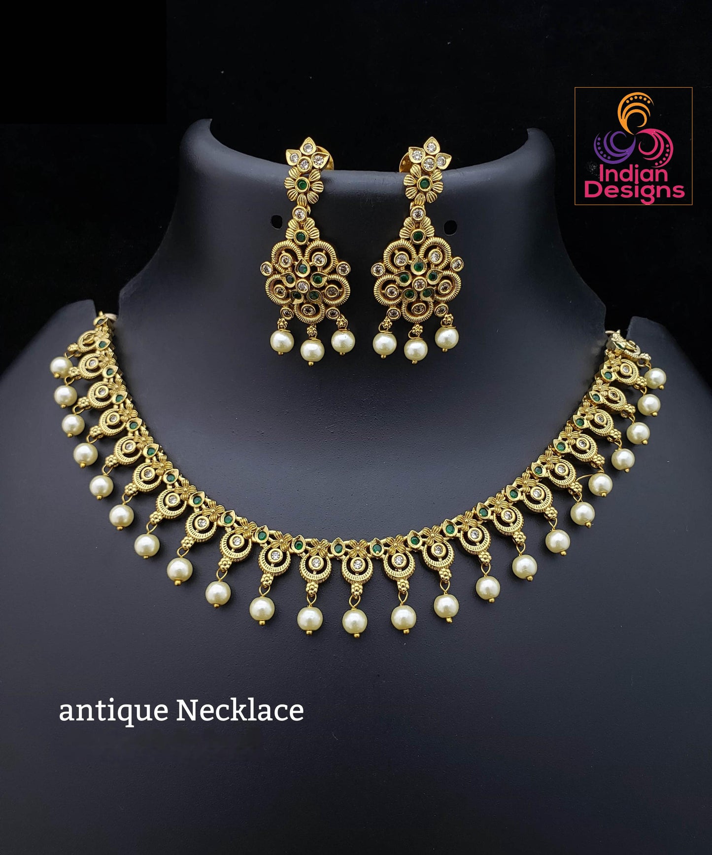 Traditional Antique Gold Necklace with Earrings | Matte Finish Temple Jewelry | South Indian Bridal & Festival Jewelry Set| Gift for her