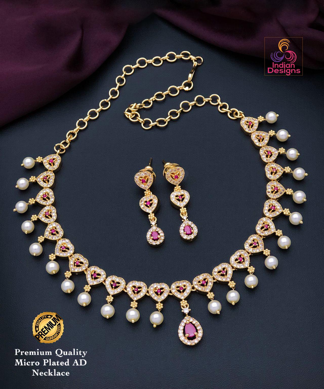 AD Stone Necklace Set with Earrings| 22K Gold Finish Jewelry | Ruby & Green Stone Bridal Party Wear NecklaceStatement Necklace| Gift for her