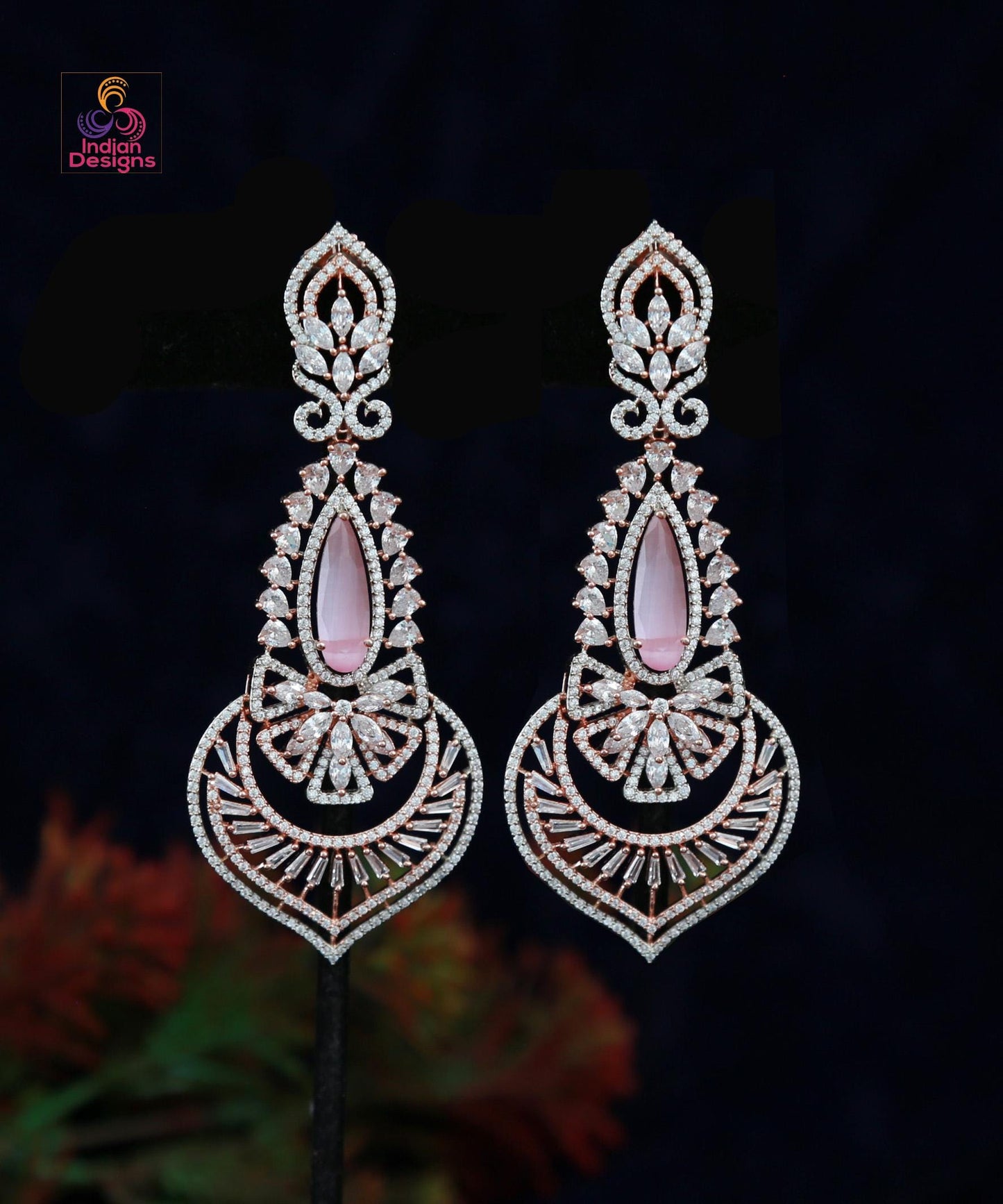 American Diamond Long Chandelier Earrings| Rose Gold Plated| Emerald/Pink/Red/Mint Drop Statement Bridal Party Wear Earrings| Gift for Her