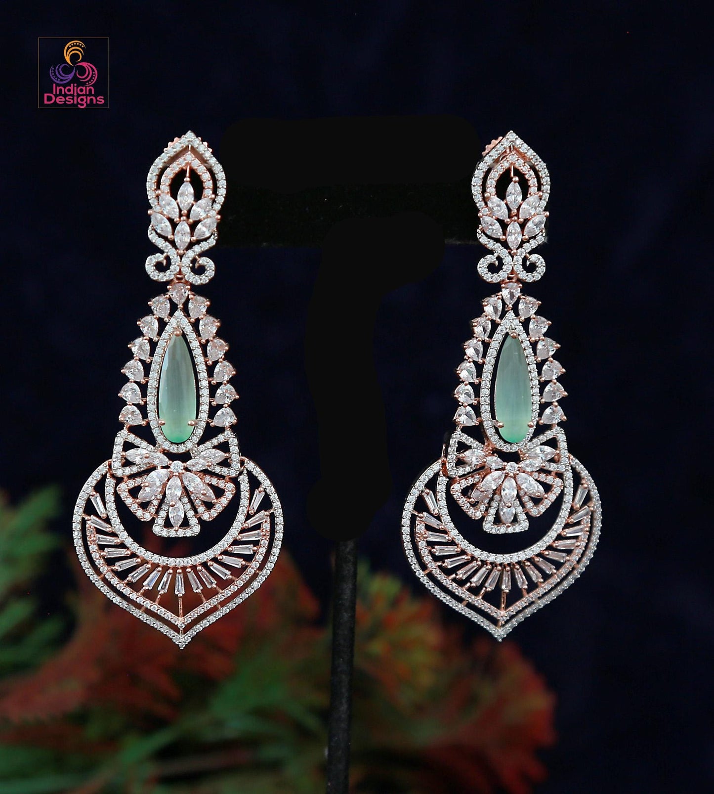 American Diamond Long Chandelier Earrings| Rose Gold Plated| Emerald/Pink/Red/Mint Drop Statement Bridal Party Wear Earrings| Gift for Her