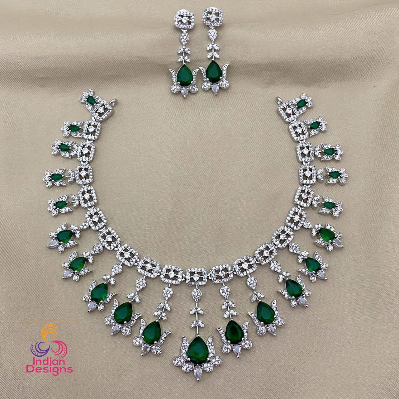 American Diamond Necklace Set &Earrings| Teardrop AD stone Silver necklace| Green / Pink / Ruby / White Bridal Wedding Jewelry| Gift for her