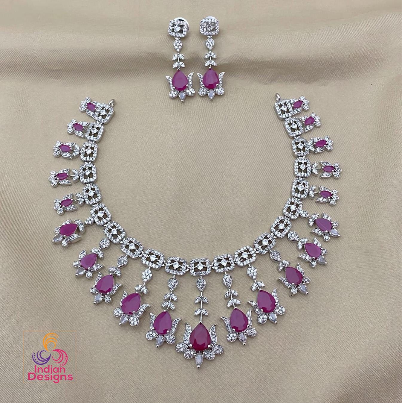 American Diamond Necklace Set &Earrings| Teardrop AD stone Silver necklace| Green / Pink / Ruby / White Bridal Wedding Jewelry| Gift for her