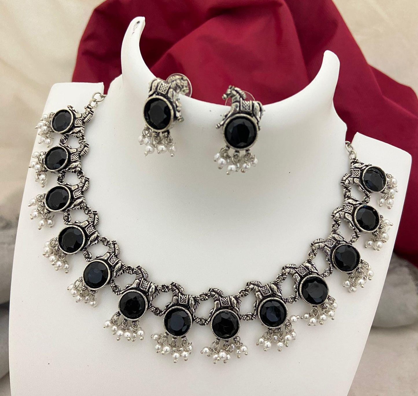 Oxidized Silver Choker Necklace Set with Earrings| bohemian necklace set|Black, Blue, Red,Green, Yellow,Purple Stones| Indian Ethnic Jewelry