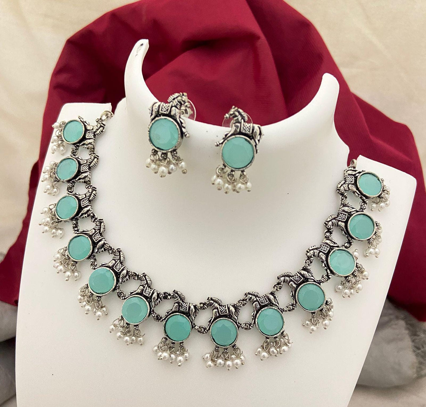 Oxidized Silver Choker Necklace Set with Earrings| bohemian necklace set|Black, Blue, Red,Green, Yellow,Purple Stones| Indian Ethnic Jewelry