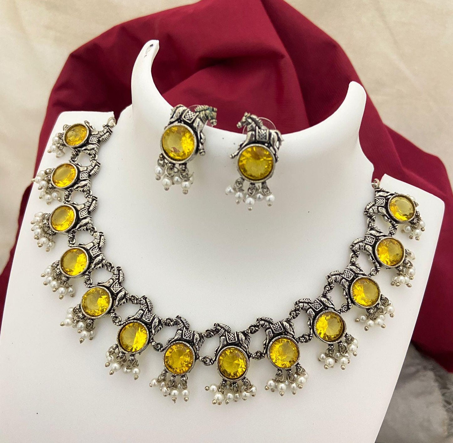 Oxidized Silver Choker Necklace Set with Earrings| bohemian necklace set|Black, Blue, Red,Green, Yellow,Purple Stones| Indian Ethnic Jewelry