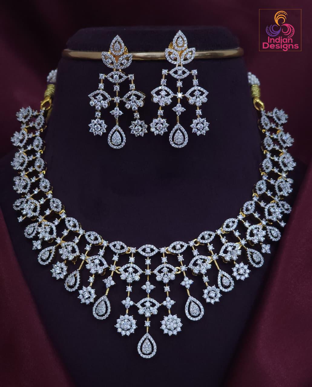 Luxury AD Necklace Set with Earrings | CZ Choker Necklace | Bridal Wedding Jewelry | Gold Finish American Diamond Necklace| Gift for Her