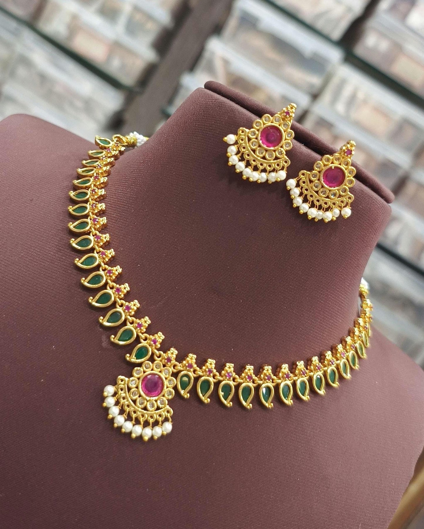 Indian Ruby Emerald Necklace short Set| Gold Plated Palakka mala AD Stone & Pearl Drop Traditional South Indian Wedding Jewelry|Gift for her