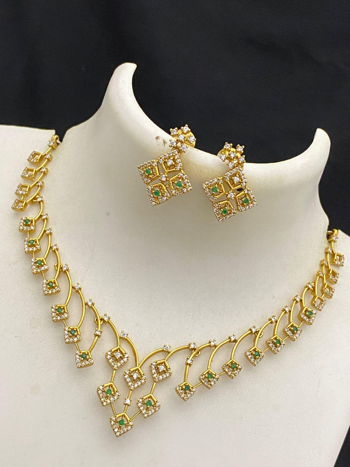 Matte Gold Necklace Earrings Simple choker set| American Diamond Ruby and Emerald Necklaces| Traditional gold necklace designs| Gift for her