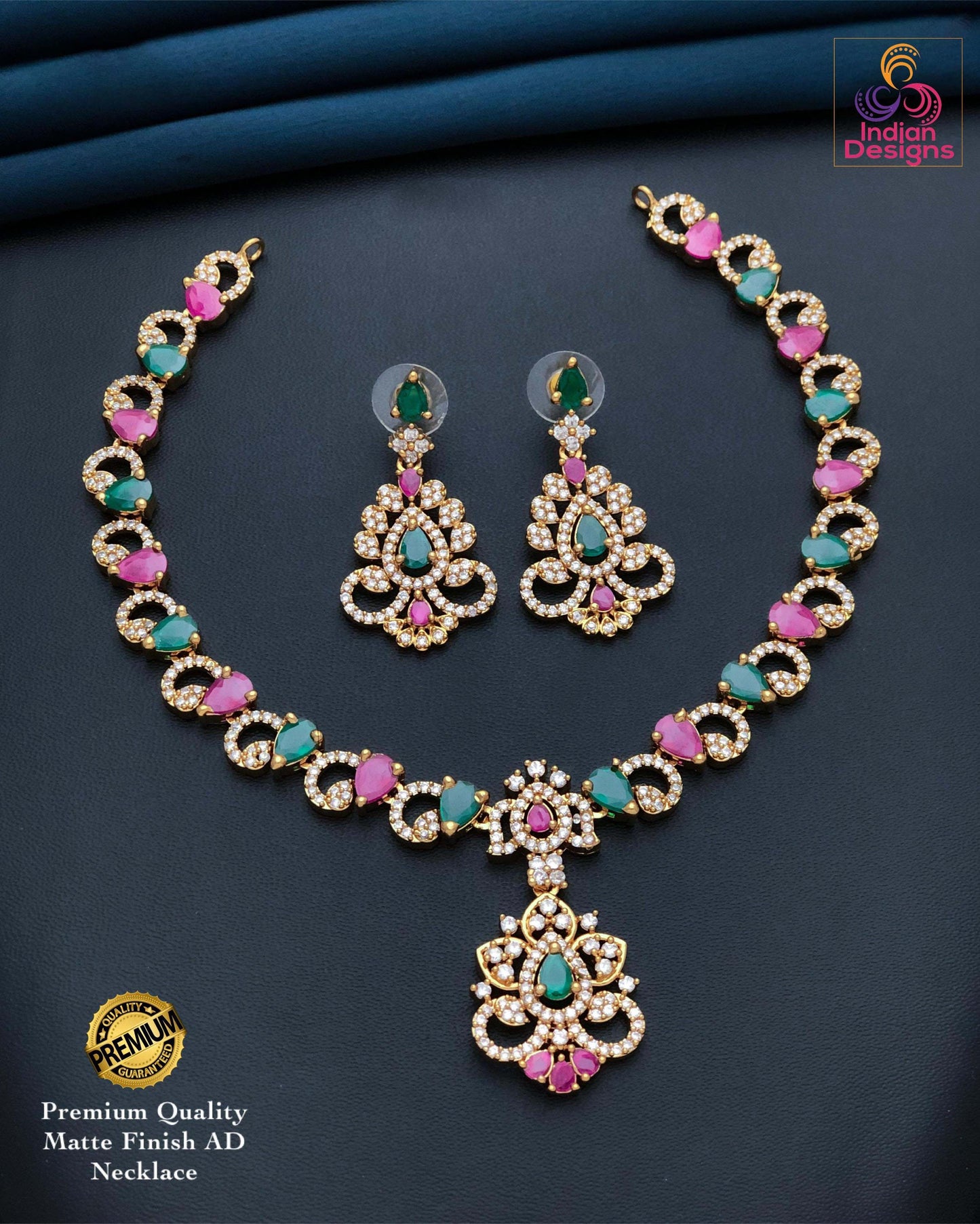 Matte Finish AD Necklace Set| American Diamond Jewelry| Lightweight Bridal Necklace with Earrings| Indian Designs