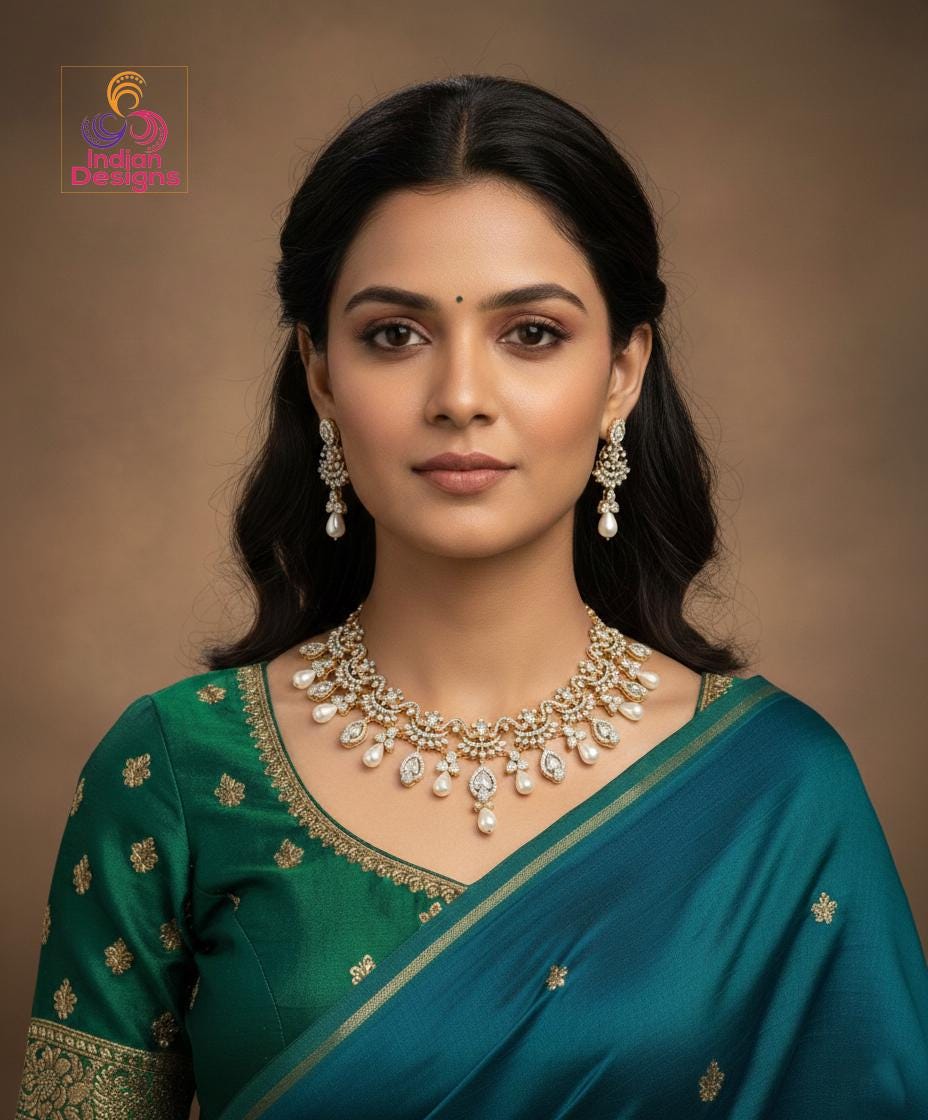 AD Stone Pearl Drop Necklace Set| Gold Plated American Diamond Jewelry| Indian Wedding Party Choker| Statement Necklace| Gift for her