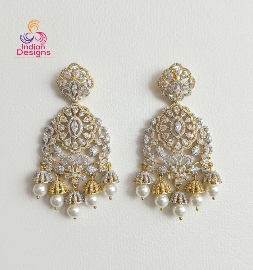 AD Stone Jhumka Earrings| Ruby, Emerald & White stones| Gold Plated Pearl Drop Earrings| South Indian Jewelry by Indian Designs|Gift for her