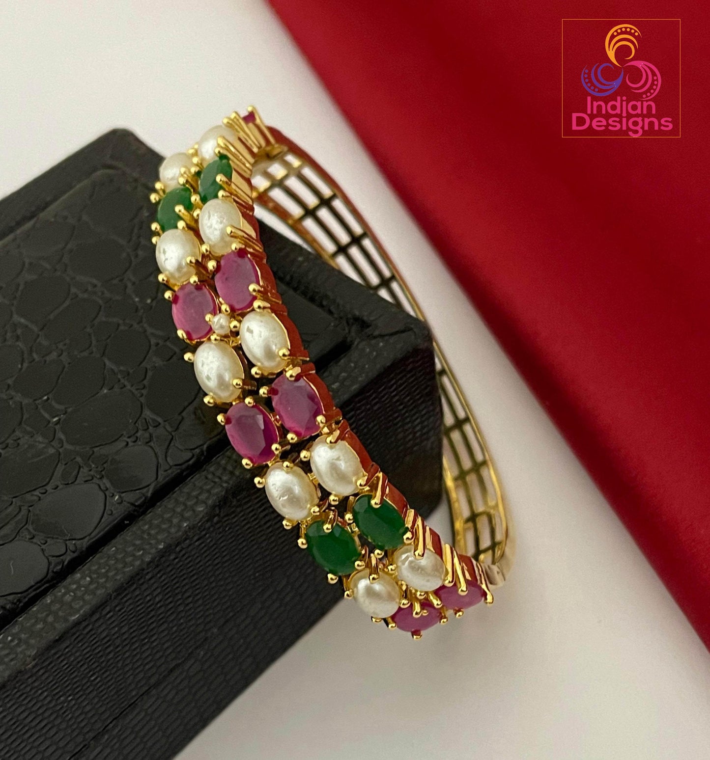 Gold Plated AD Stone Bangle| Openable Ruby Emerald Pearl Bracelet| Bollywood Wedding Jewelry| Indian Bangle| Traditional Ethnic Gift for Her
