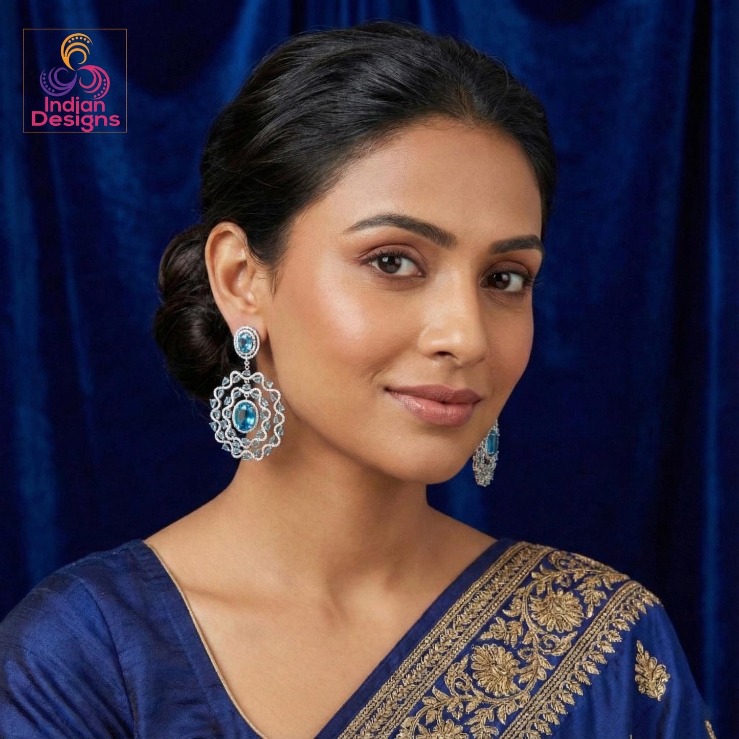 Silver American Diamond Statement Earrings| Large Floral Halo CZ Dangle| Indian Wedding Cocktail Jewelry| Emerald Green Sapphire Blue Pink