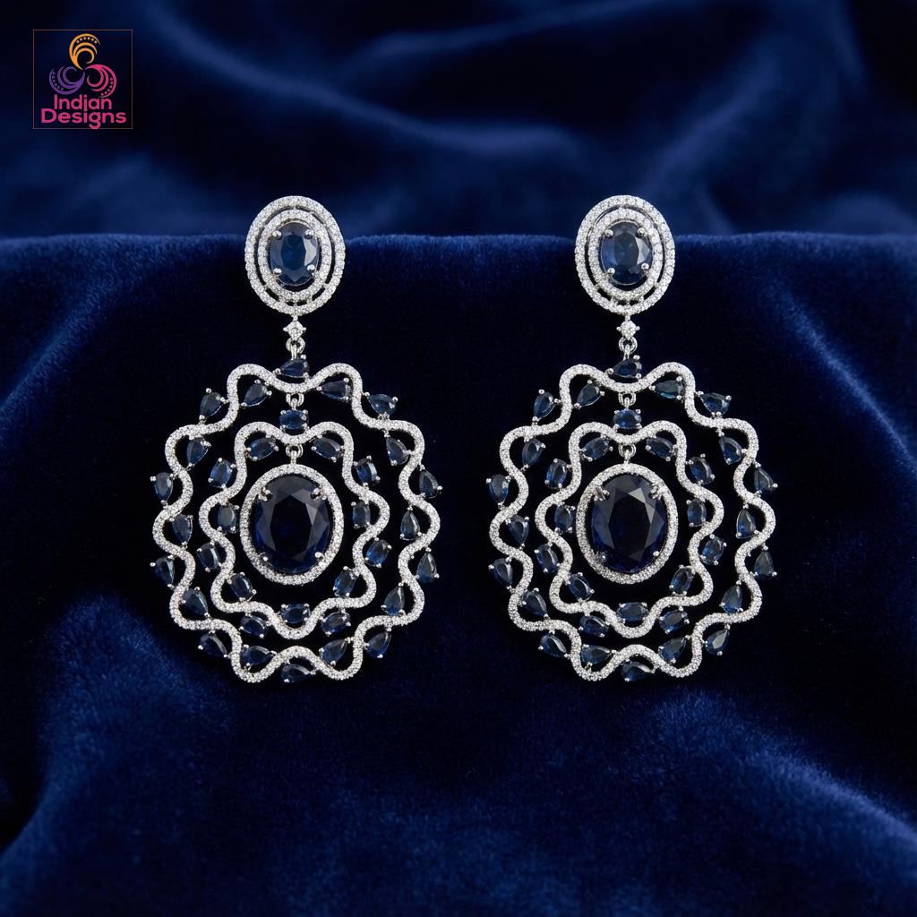 Silver American Diamond Statement Earrings| Large Floral Halo CZ Dangle| Indian Wedding Cocktail Jewelry| Emerald Green Sapphire Blue Pink
