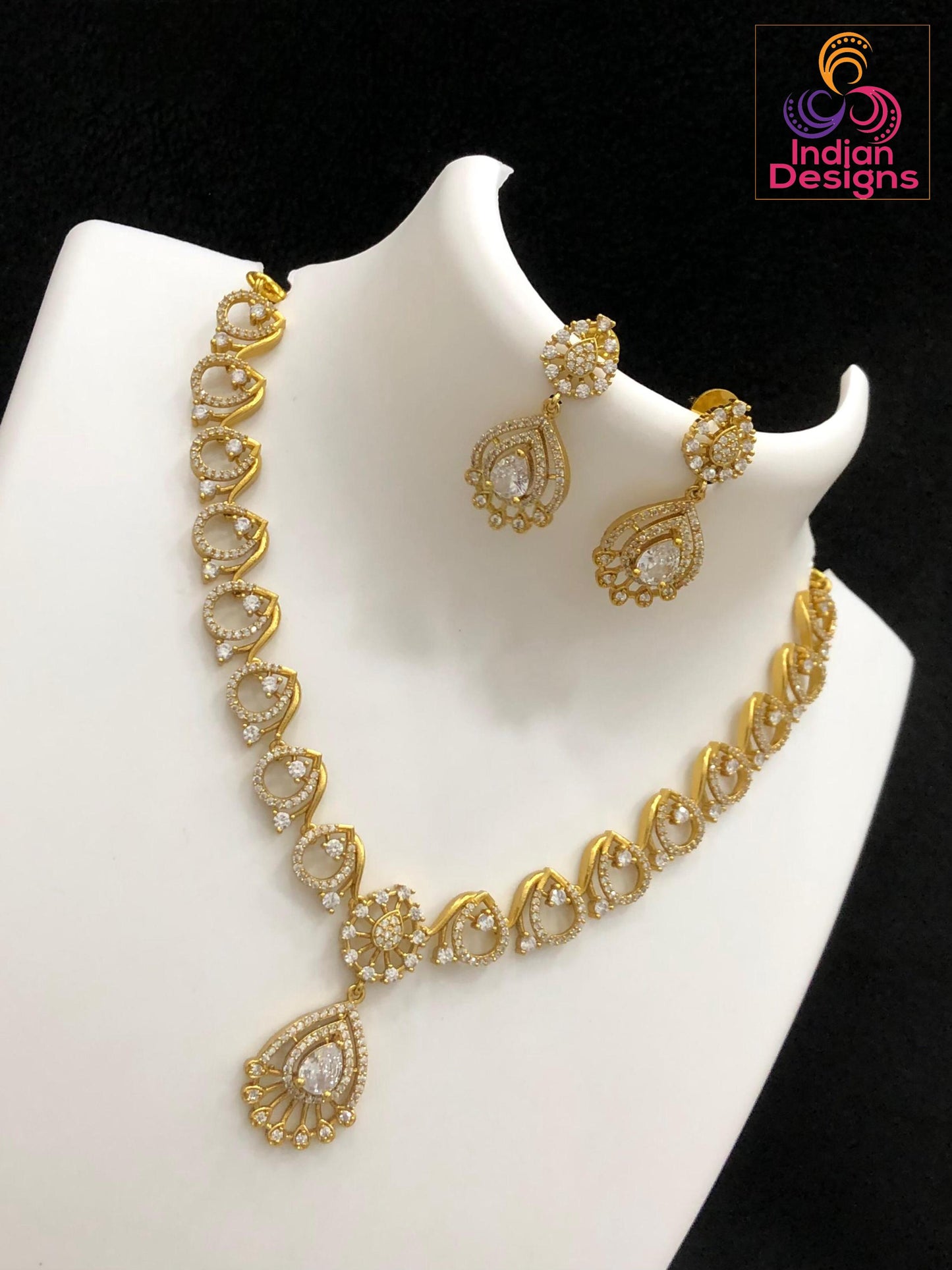 Antique Matte Gold Necklace Set| South Indian Temple Jewelry| Ruby Emerald CZ Stone Necklace| Traditional Choker with Earrings |Gift for her