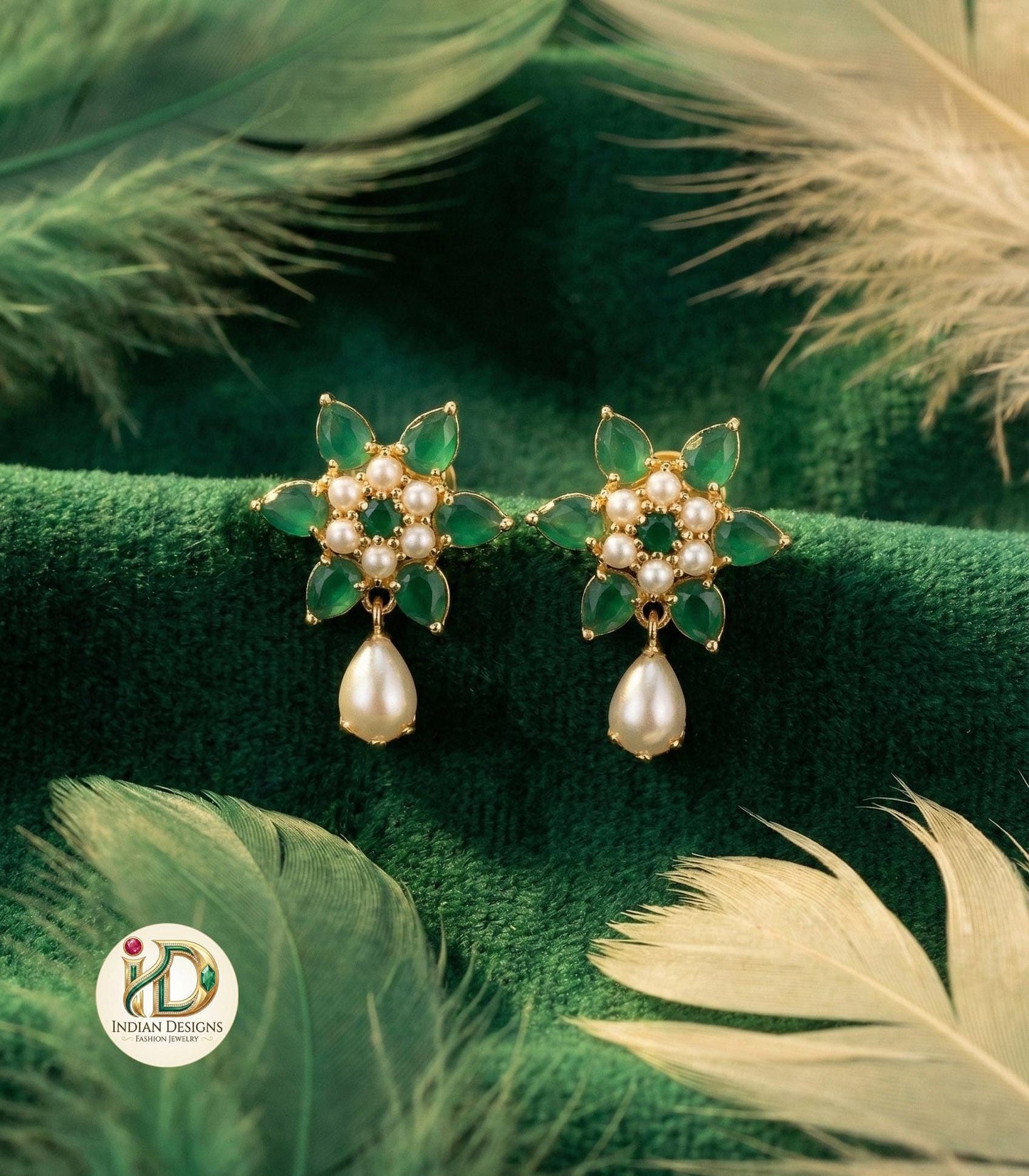 Gold Plated Pearl Flower Studs| Floral Stud Earrings with Pearl Drop| Lightweight Studs| Ruby Emerald Studs| Gold Plated Tops| Gif t for her