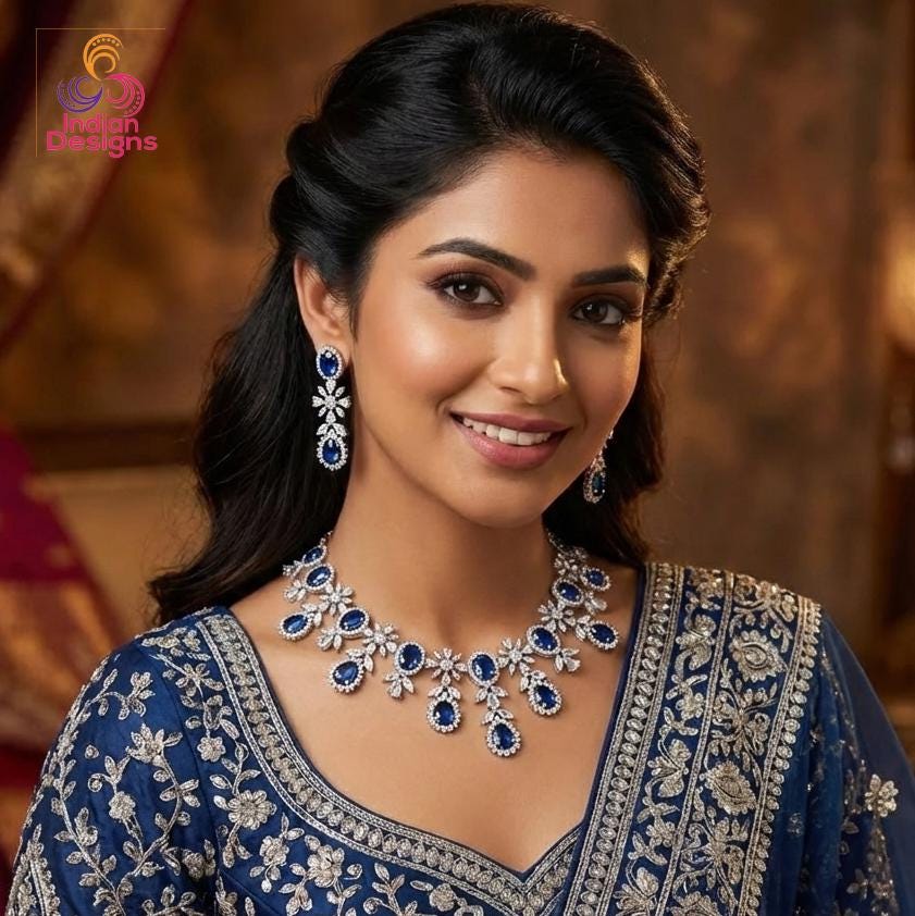 American Diamond Silver Necklace & Earrings Wedding Jewelry set| Gift for her| Indian Jewelry|Statement Necklace|choker set with Pink stones