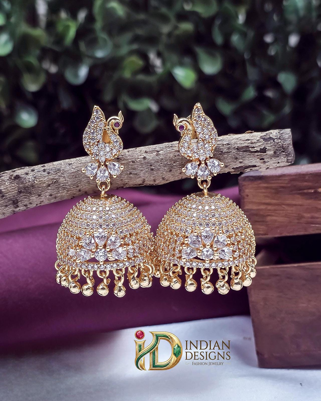 Peacock AD Jhumka Earrings Gold Plated| Ruby White American Diamond Temple Jhumkas| Bridal South Indian Jewelry|Gift for her