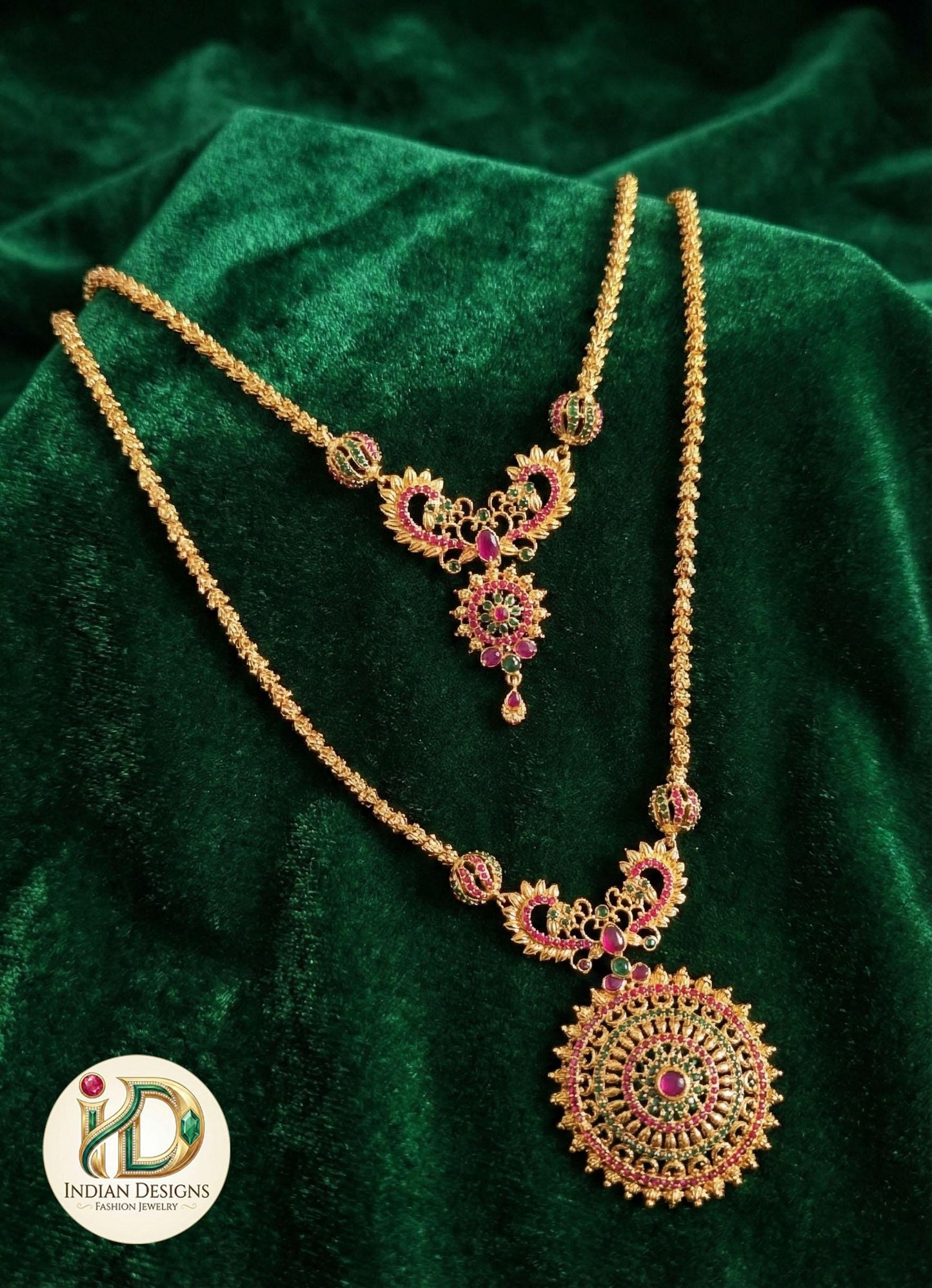 Traditional Ruby Green AD Long & Short Necklace Set| South Indian Bridal Jewelry| Temple Style Necklace Set with Earrings| Gift for Her