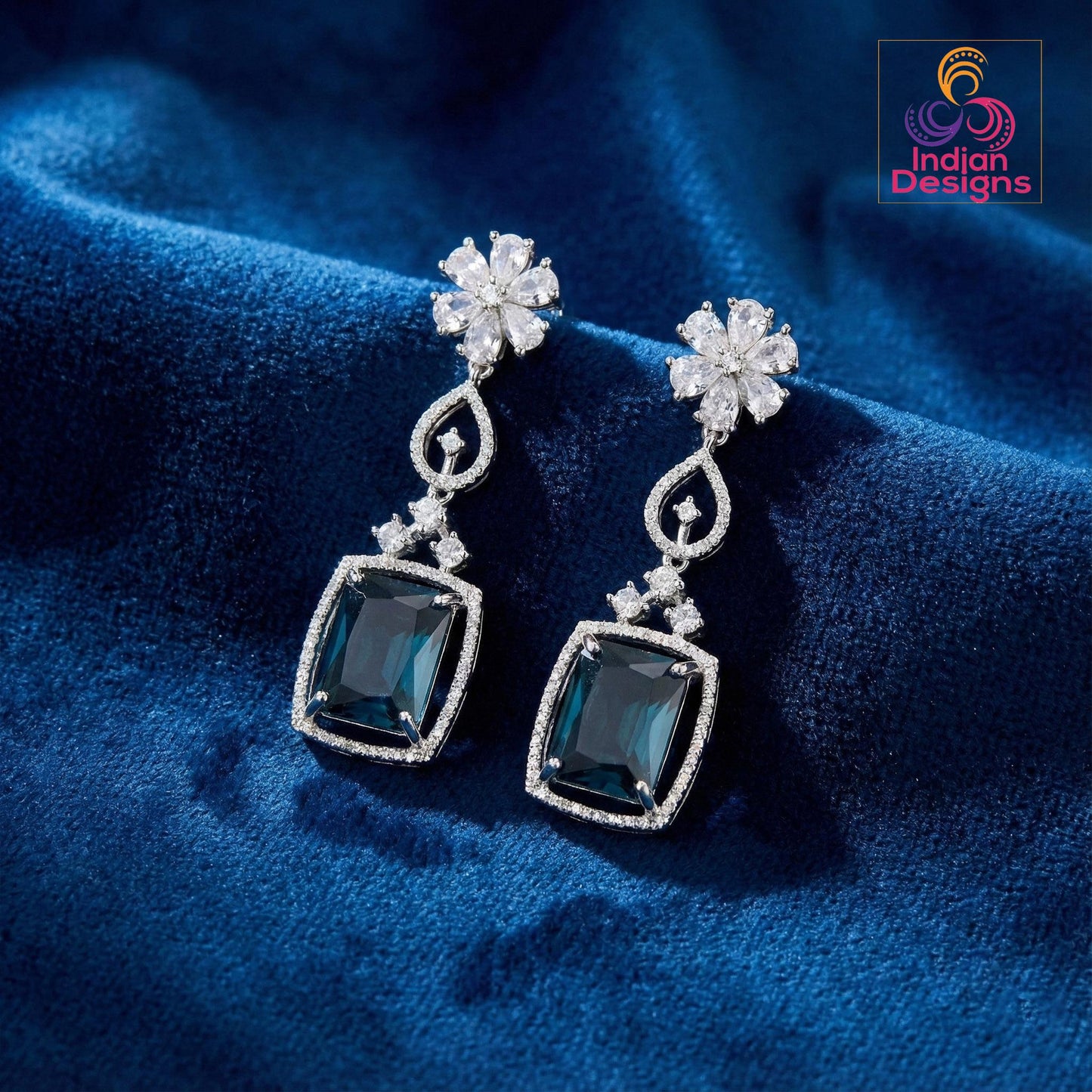 Silver American Diamond Earrings| Rectangular Cushion Cut CZ Drop| Floral Stud Dangle|Indian Wedding Jewelry|Emerald Ruby Sapphire Mint Pink