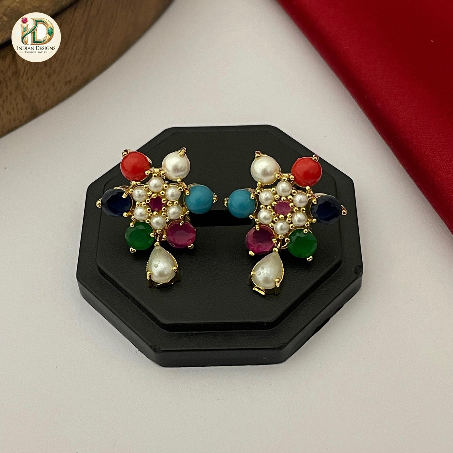 Multi Color Stone Studs| Pearl Drop Floral Earrings| Navratna Style Gold Plated Tops| 1 Inch Festive Jewelry| Colorful Earrings|Gift for her