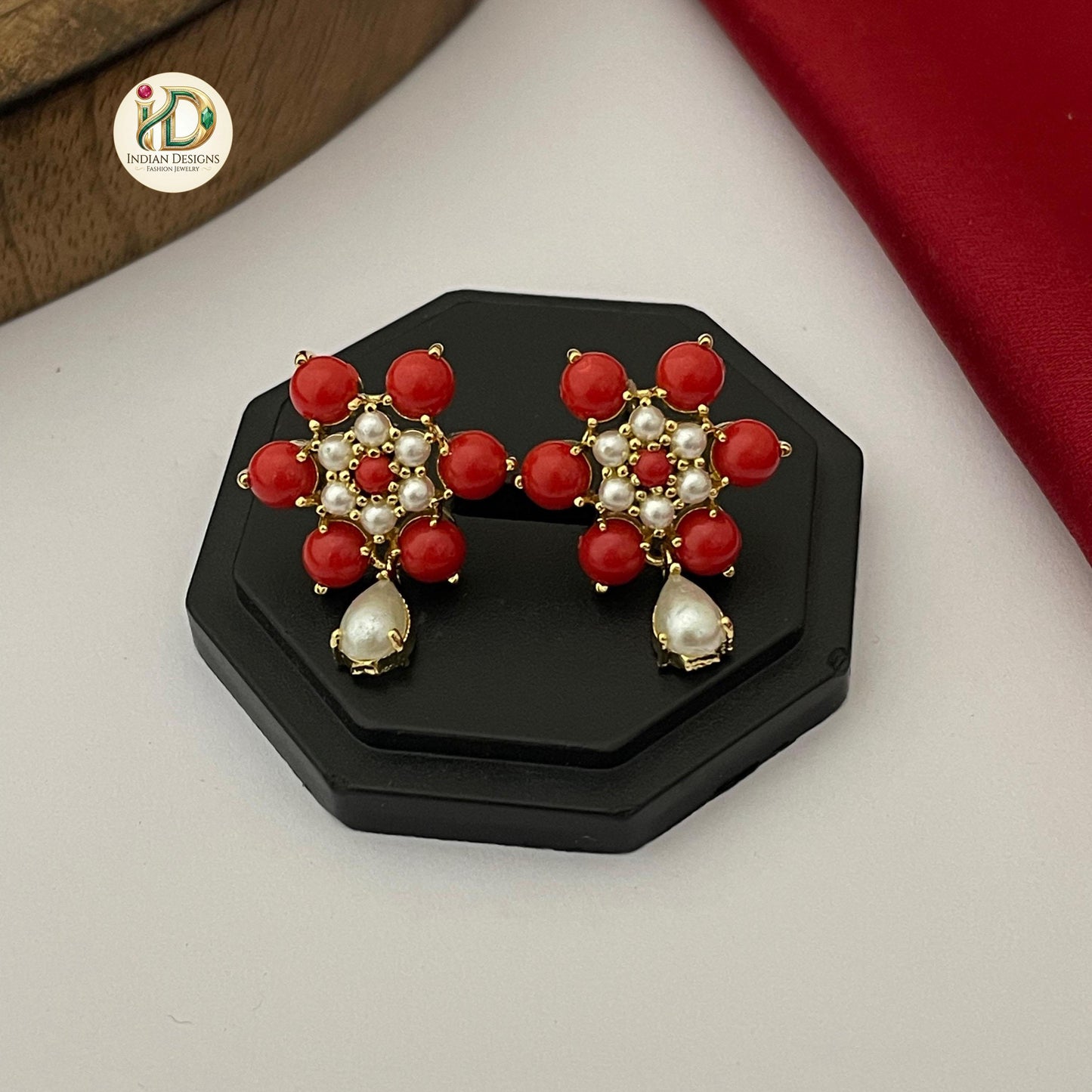 Red Coral Floral Stud Earrings| Gold Plated Pearl Drop Tops| Traditional Red Flower Studs| South Indian style| 1 Inch Earrings| Gift for her