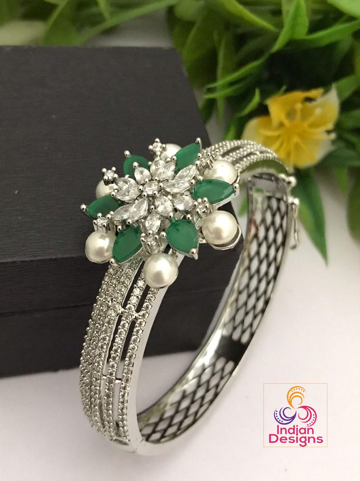 American diamond kada bangle bracelet | cz stone bangles silver | hand crafted openable bangles | ad pearls kada bangle with floral design