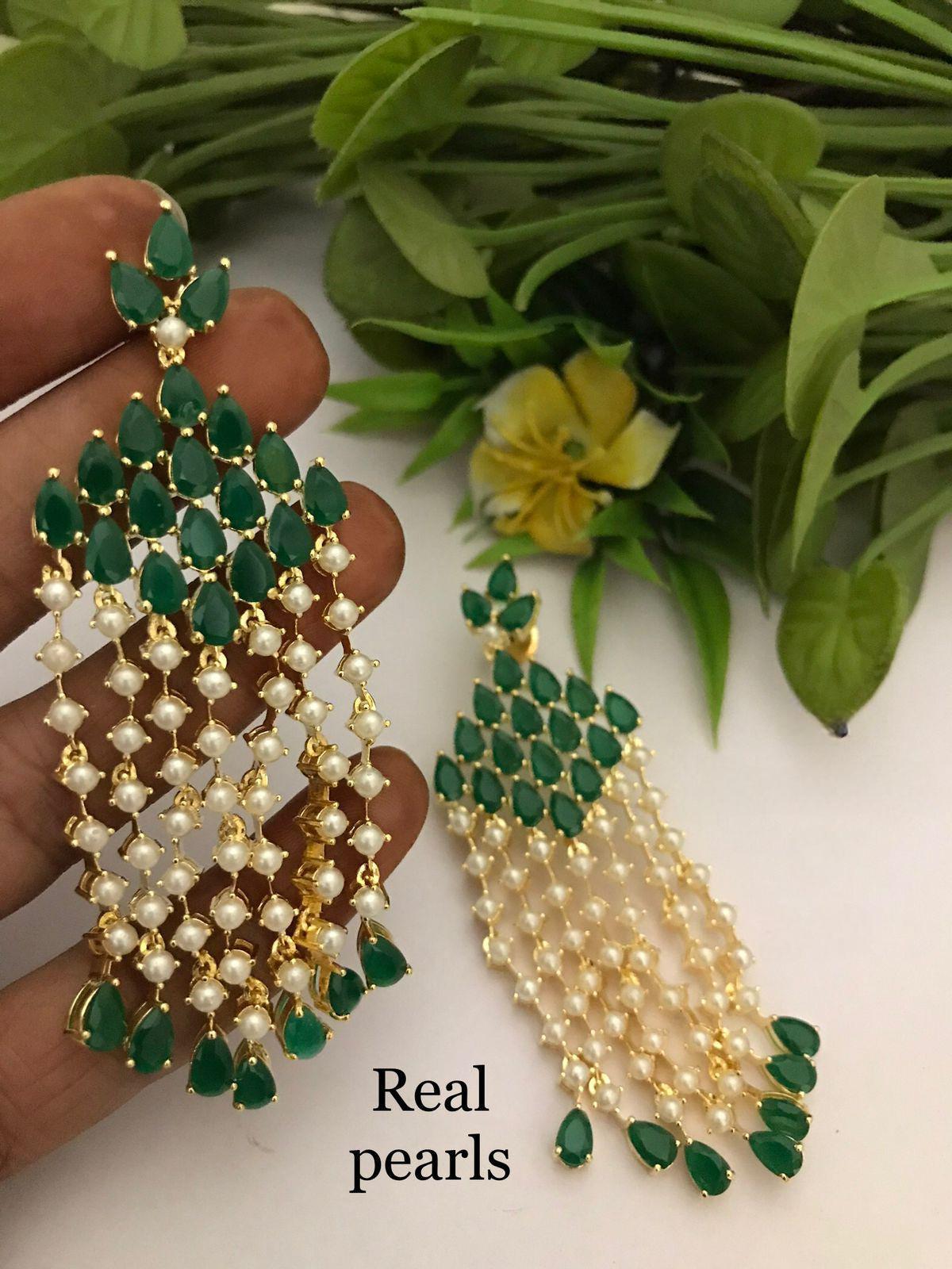 Turquoise and Pearl Multi-strand Long drop Earrings in Gold Tone|celebrity turquoise earrings|Natural pearl drop earrings