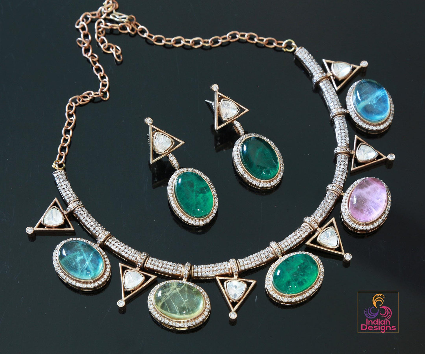Indian dual-tone statement choker| ruby emerald polki style necklace set| diamond replica wedding & cocktail jewelry| doublet stone necklace