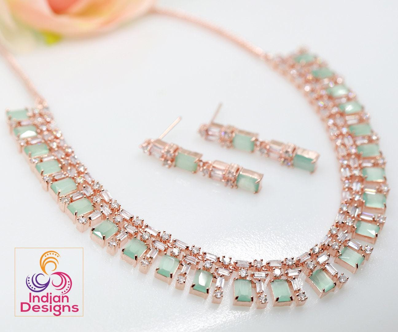 American diamond rose gold necklace earring set | indian designs jewellery | cubic zirconia emerald ruby necklace | gift for girl friend