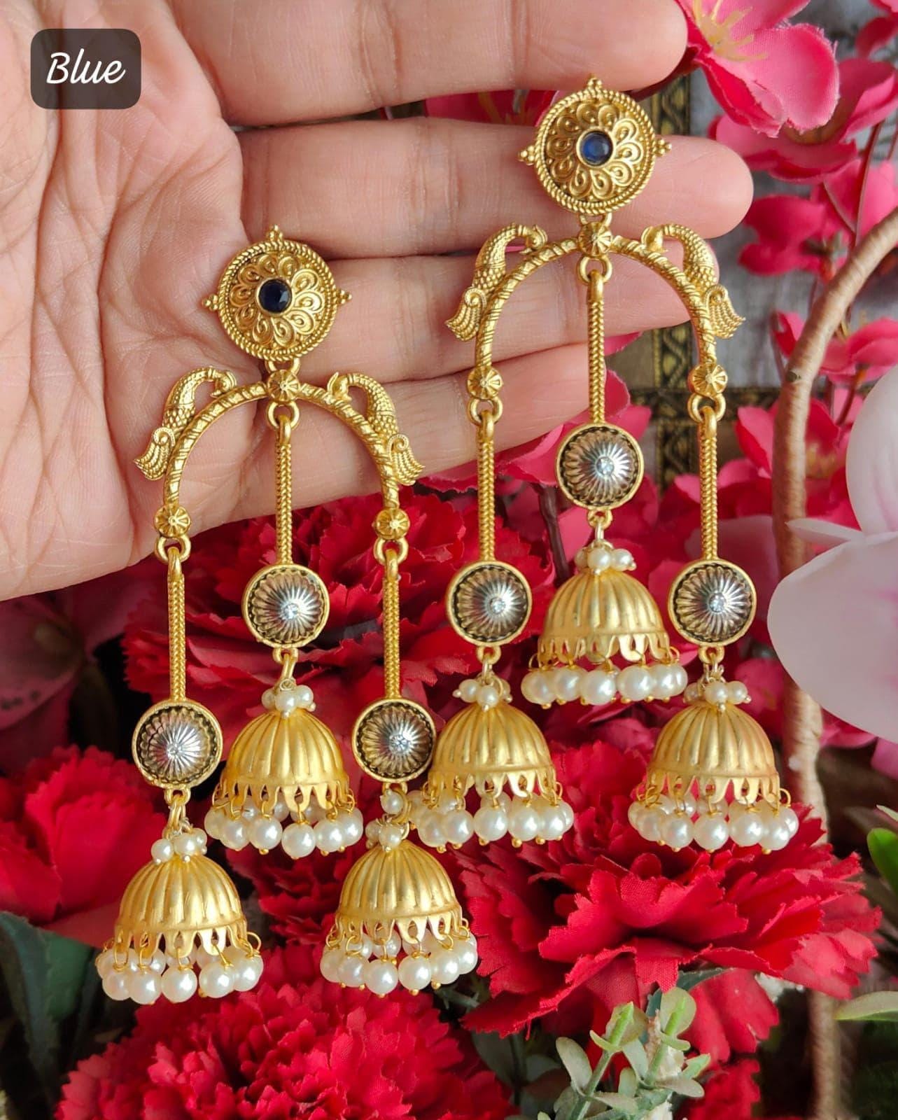 Antique gold triple jhumka earrings| long peacock jhumki| oxidized silver & gold indian statement earrings| bohemian ethnic jewelry