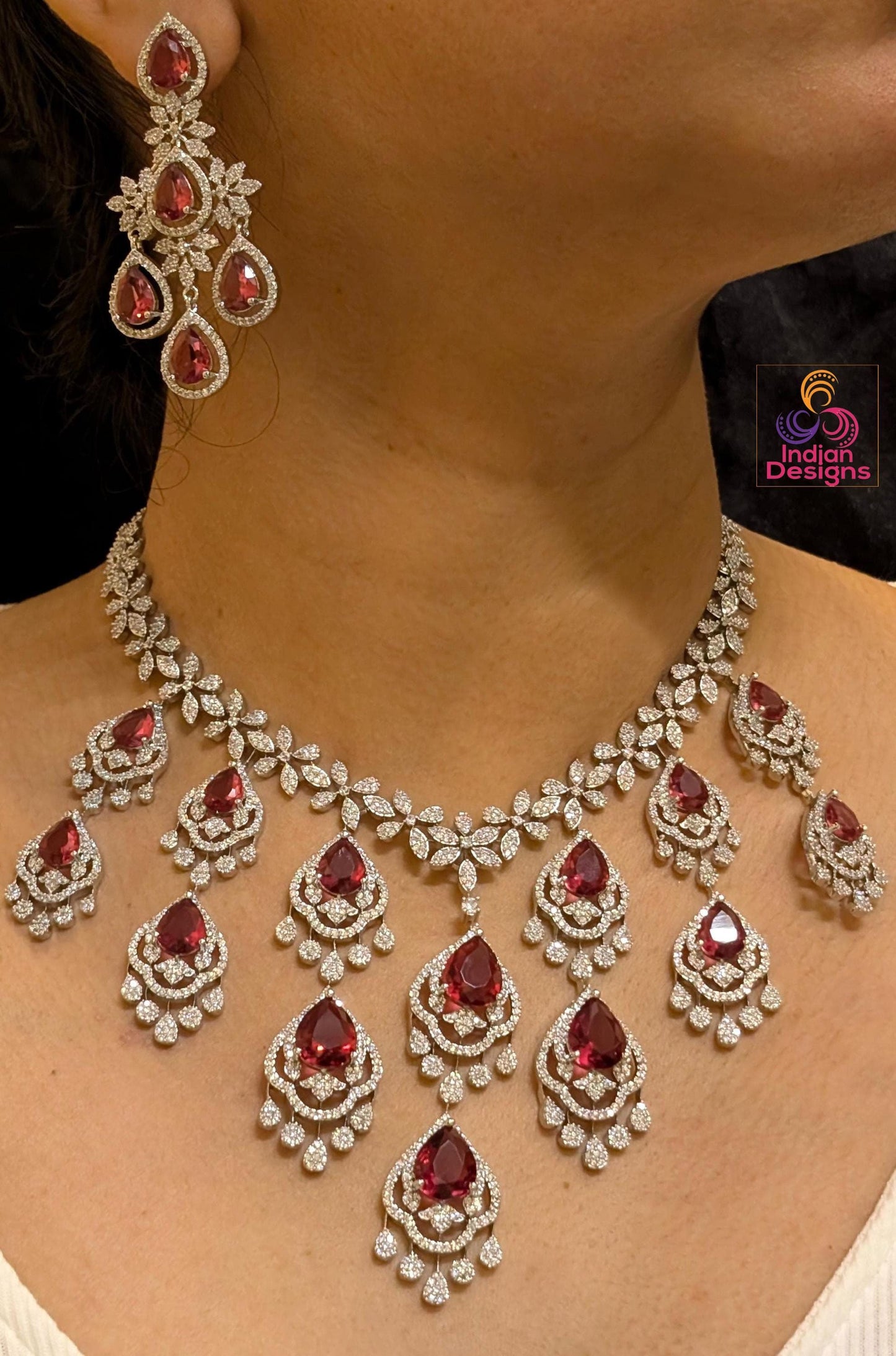 Silver polish cz ad stone necklace and matching earrings| american diamond wedding statement jewelry| indian jewelry| party wear necklace
