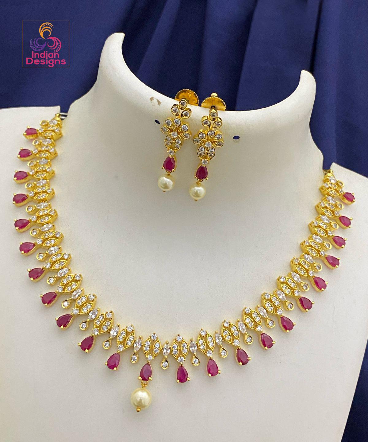 Traditional indian gold plated choker set| ruby green ad stone indian wedding jewelry| minimalist american necklace & earrings| gift for her