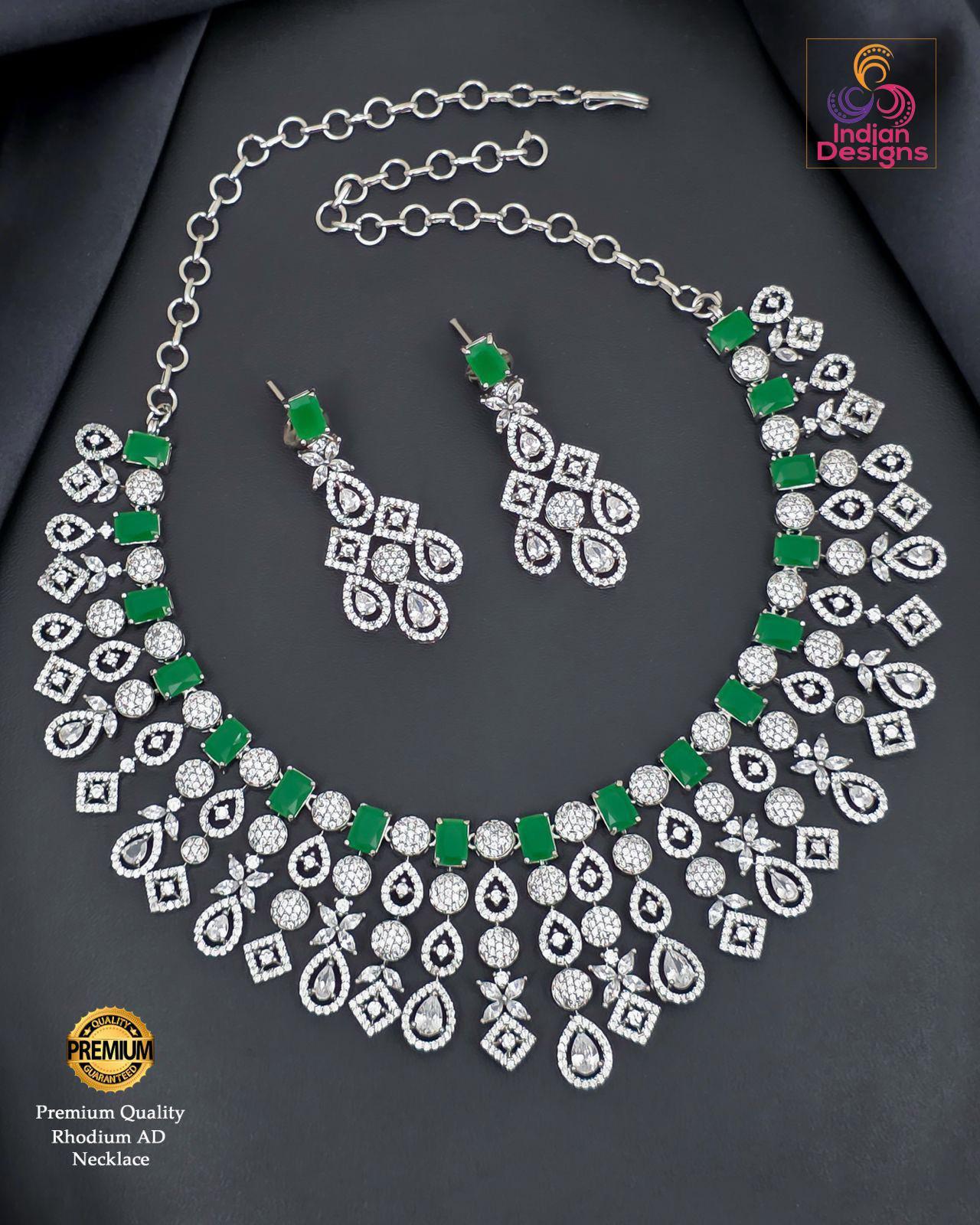 Grand rhodium plated necklace set| intricate diamond look choker| american diamond ethnic bridal jewelry| silver tone ad party wear necklace