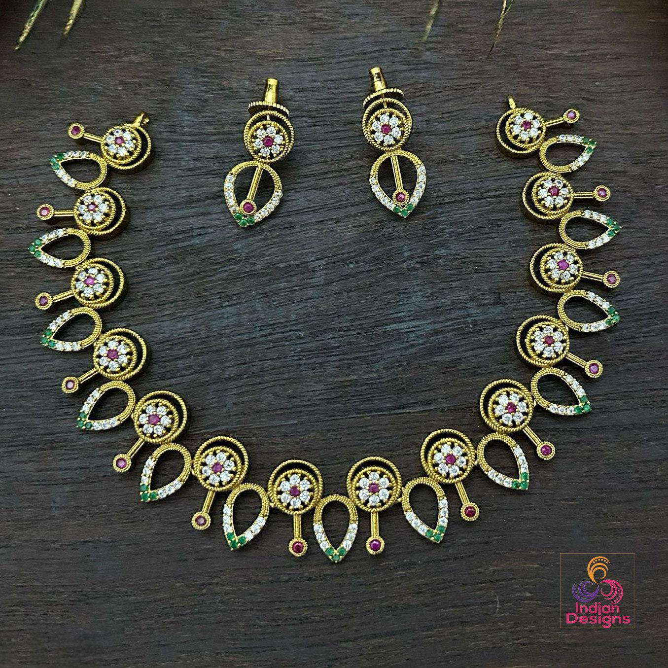 Matte finish indian style choker necklace and earrings set with ruby and emerald ad stones| small choker|indian temple jewelry| gift for her