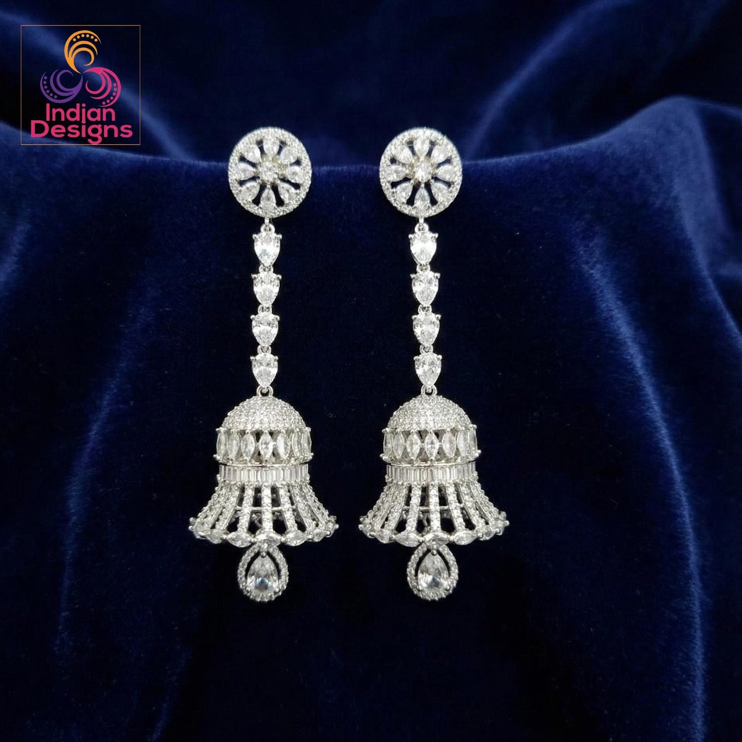 Long Diamond Jhumka Earrings| Party Wear Silver CZ Jhumki| American Diamond Statement Earrings| Indian Bridal Wedding Jewelry| Gift for her